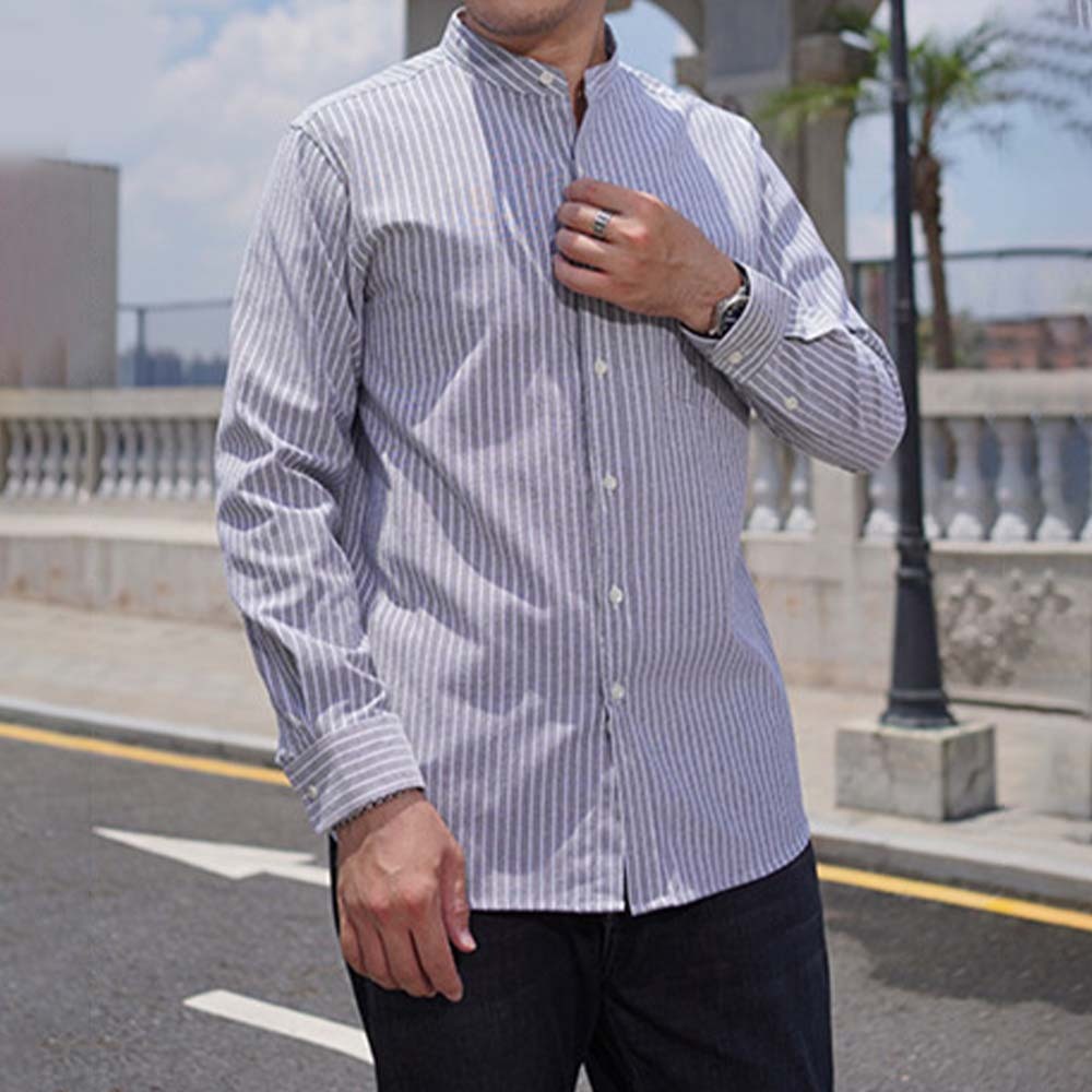 Camisa casual de manga larga a rayas con cuello levantado y talla grande para hombre