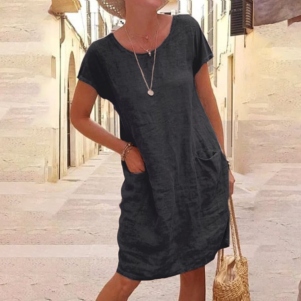 Summer women's round neck short-sleeved cotton and linen dress