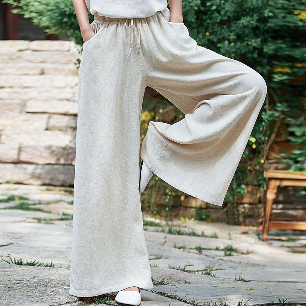 2024 Spring and summer women's retro linen wide-leg pants