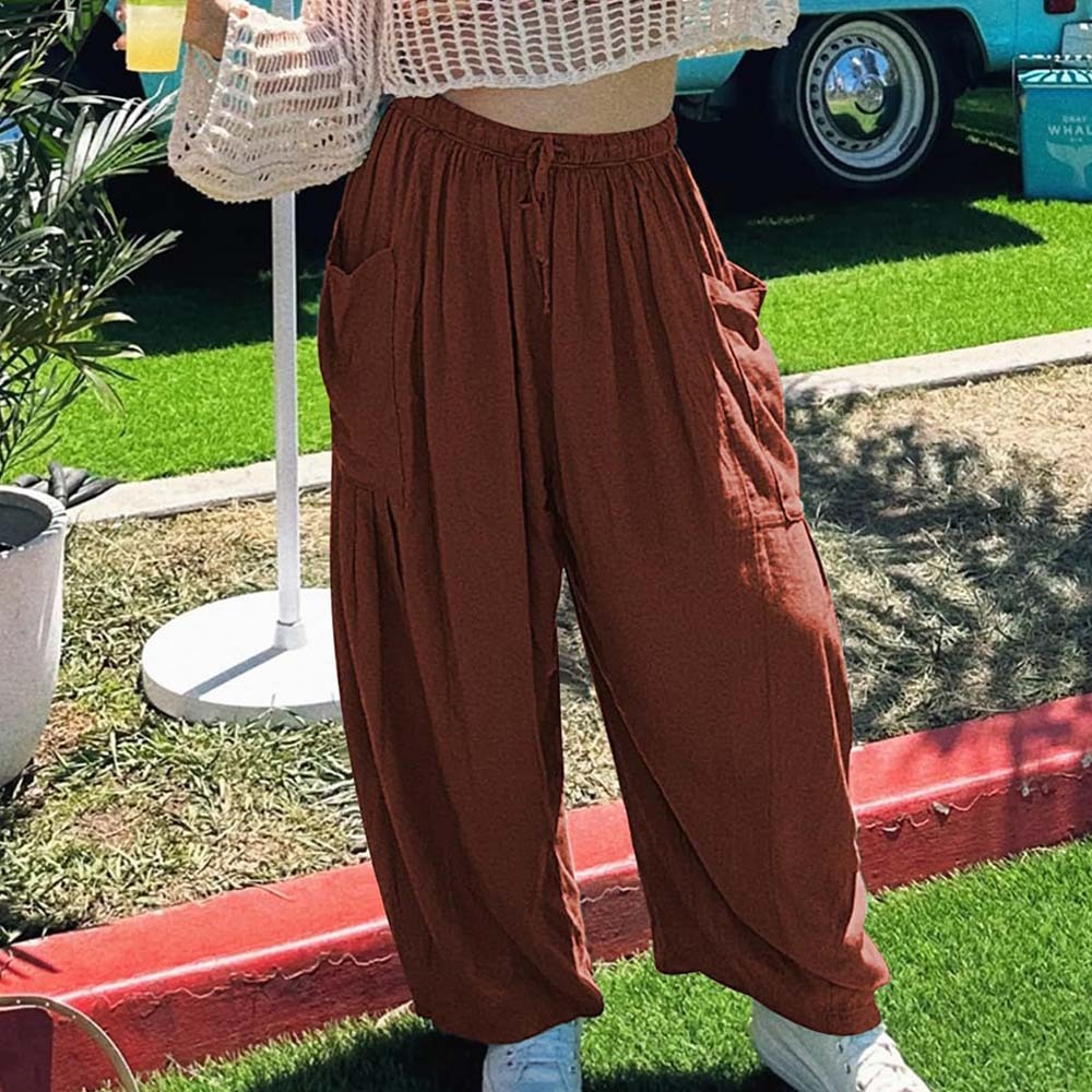 Pantalones casuales de algodón y lino con pierna ancha y cintura alta