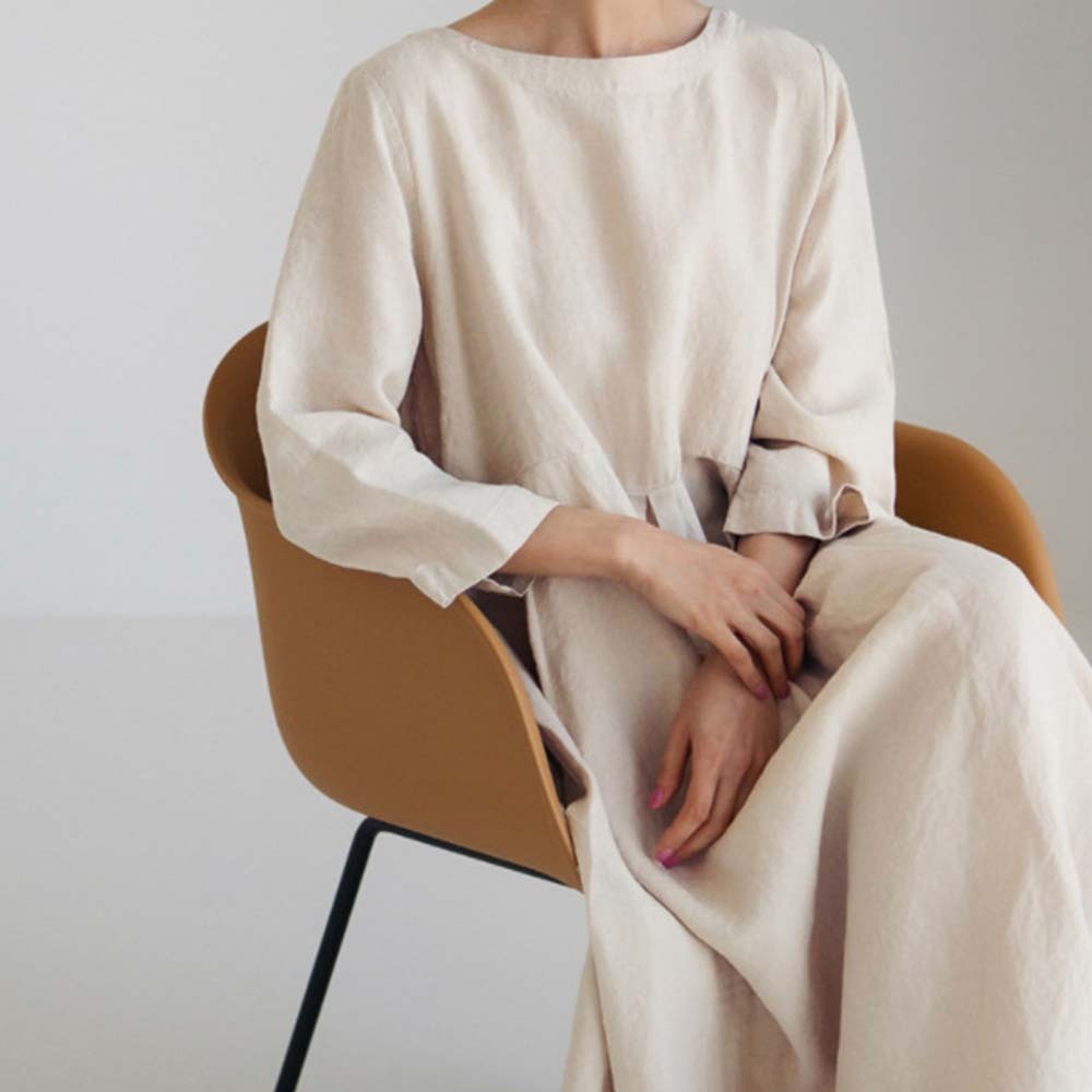 Spring and autumn casual loose round neck cotton and linen dress