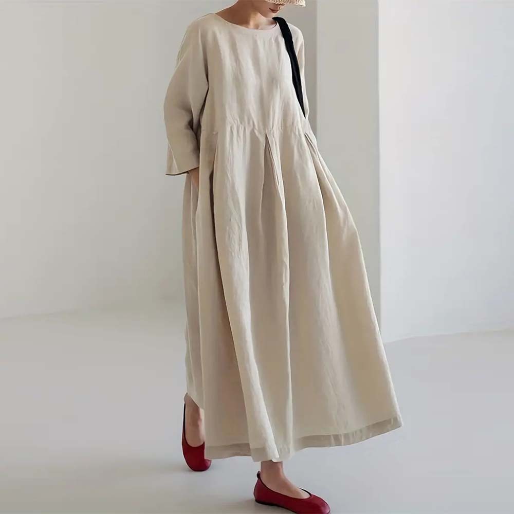 Spring and autumn casual loose round neck cotton and linen dress