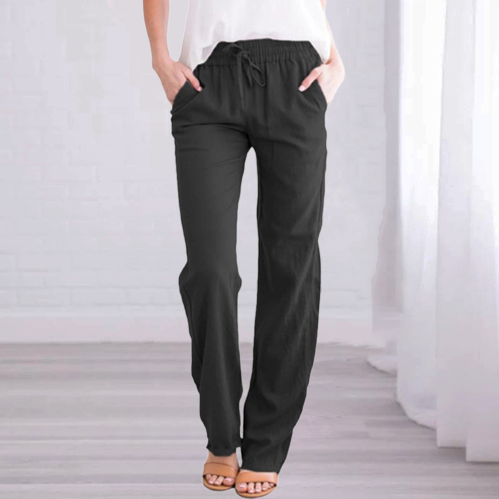 New Ladies Solid Color Cotton Linen Straight Leg Pants