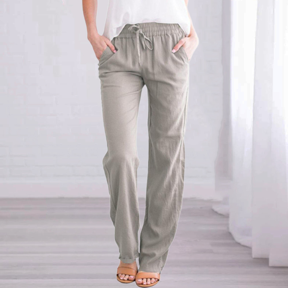 New Ladies Solid Color Cotton Linen Straight Leg Pants