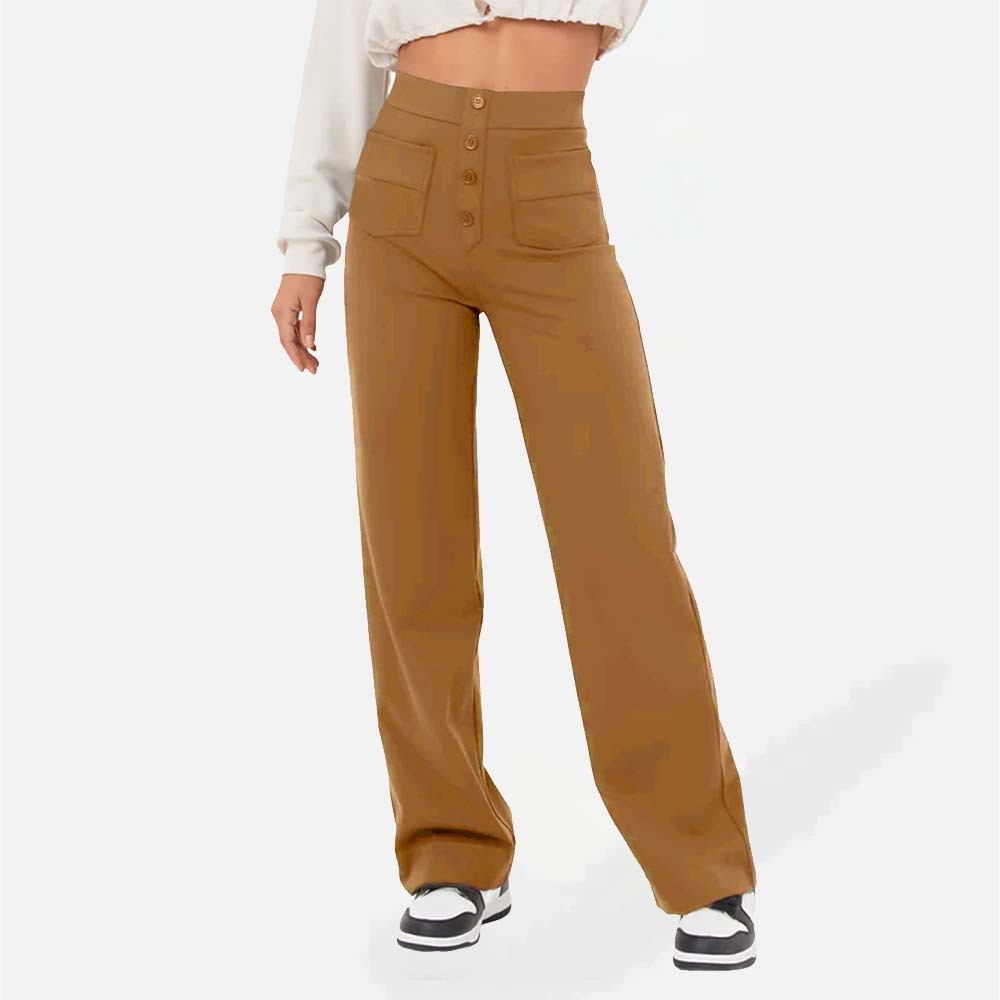 Pantalones casuales elásticos con botones de cintura alta para mujer