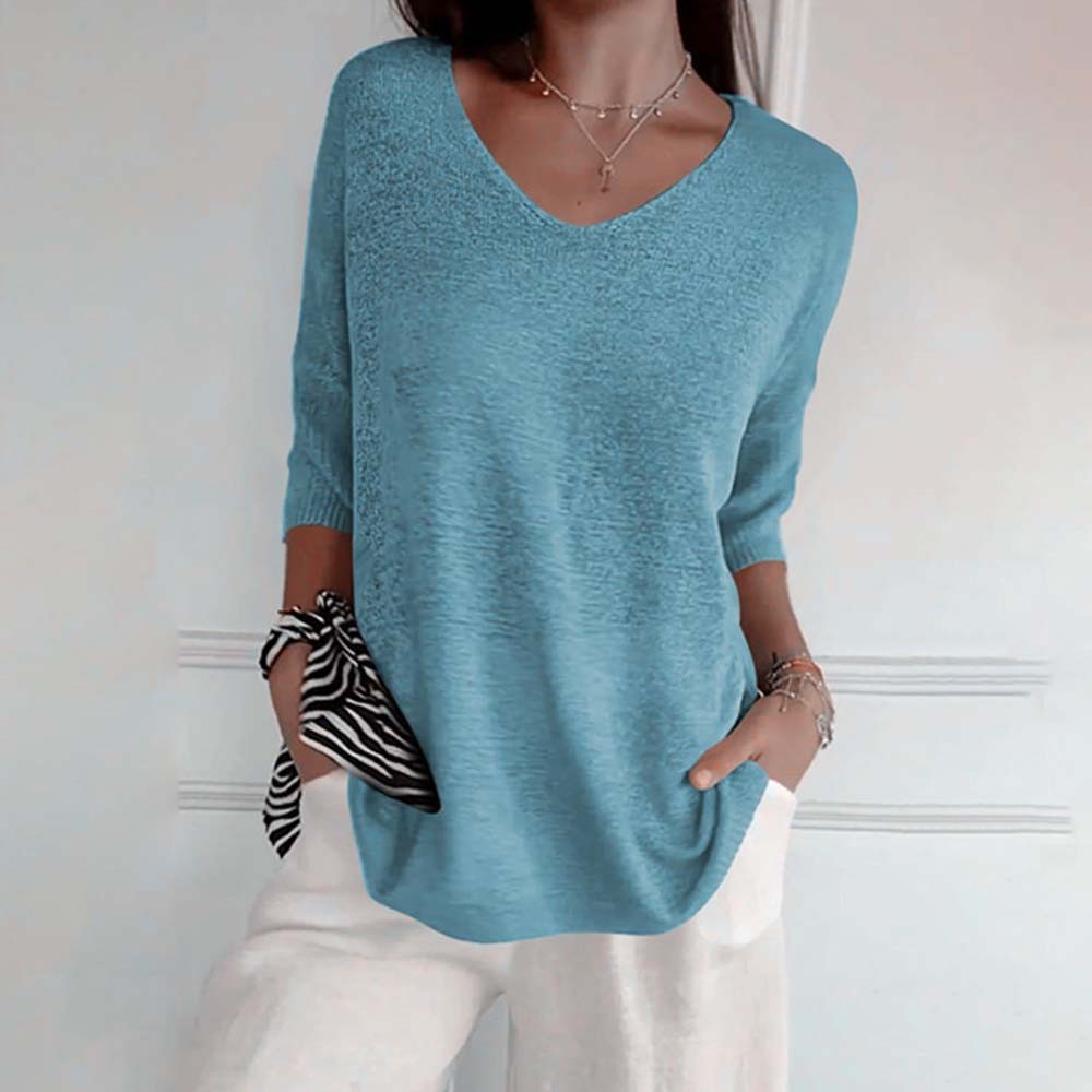 Top de punto de color liso con cuello en V para mujer