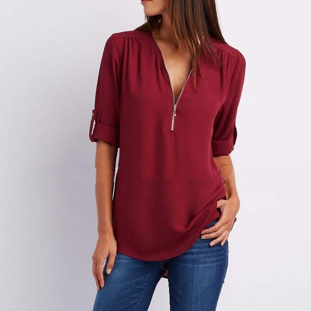 Women's Summer Fashion V Neck Zipper Chiffon Shirt