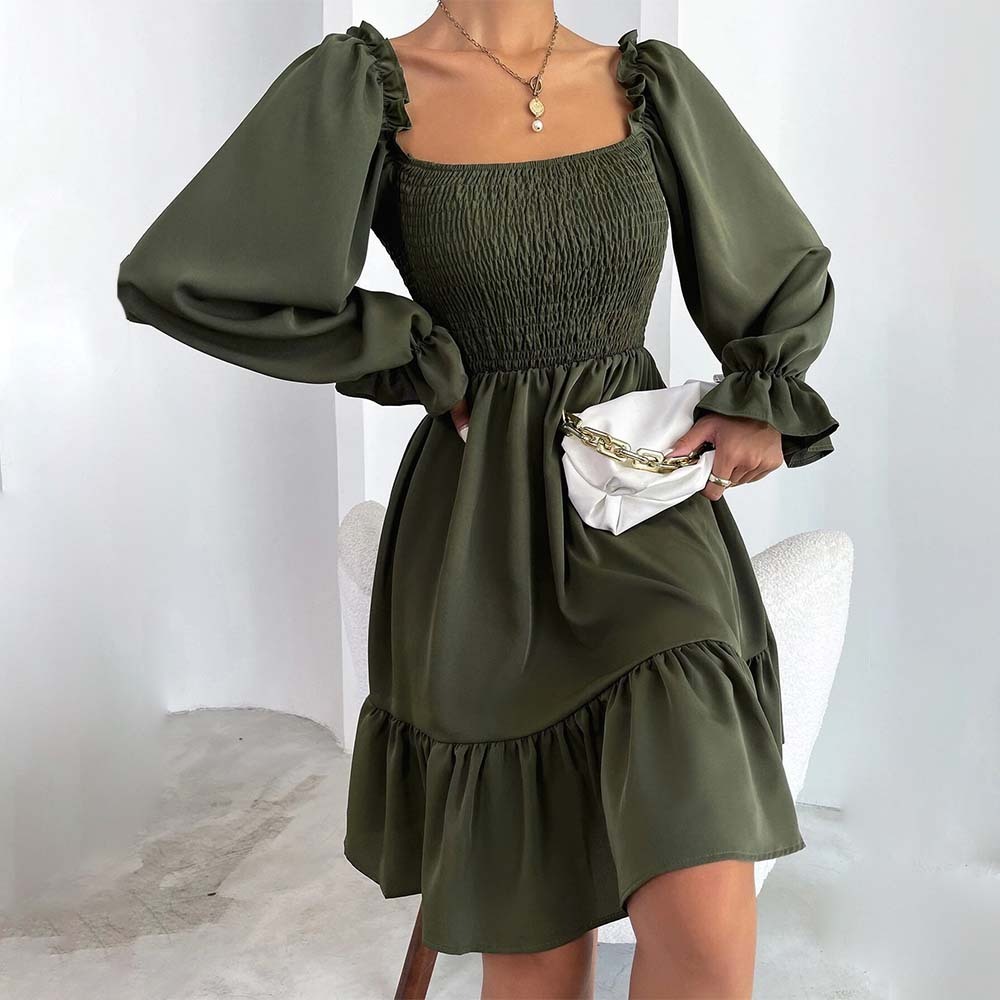 2024 Temperament Square Neck Pleated Ruffle Dress