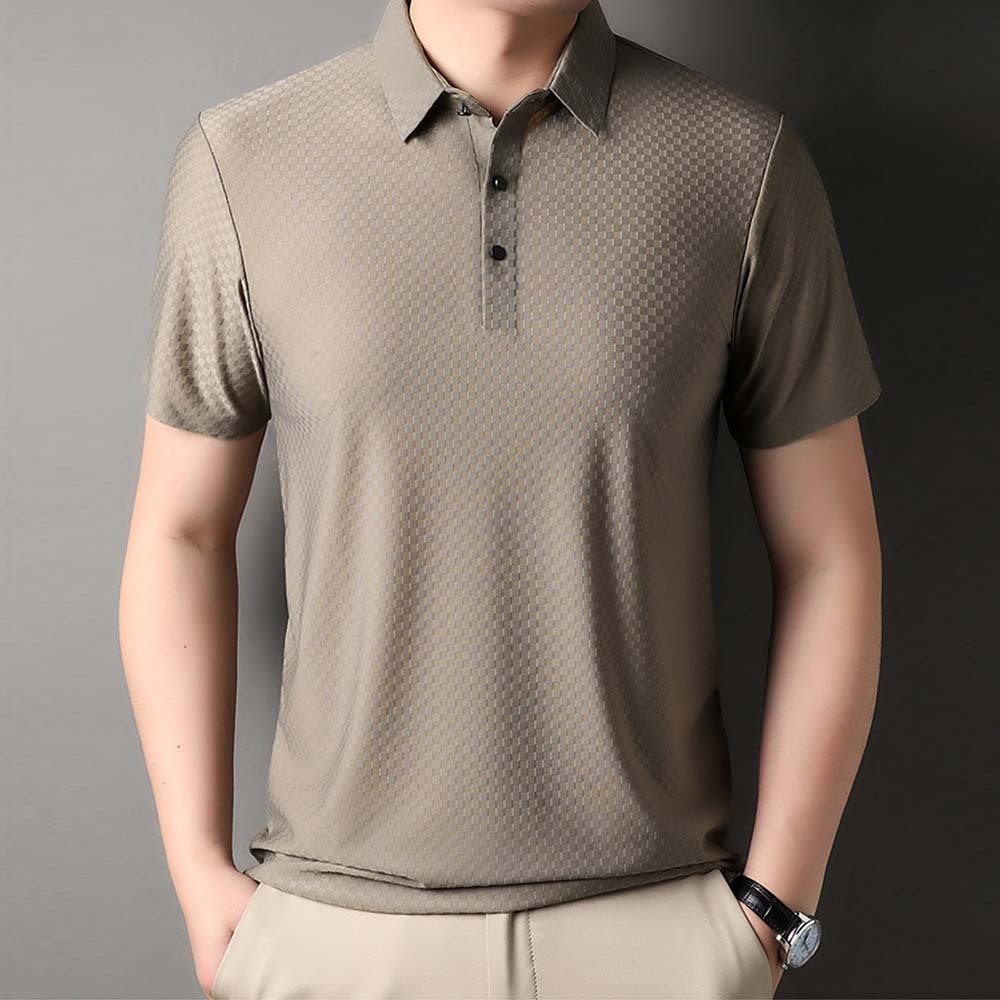 Hojanaranja Polo de manga corta a cuadros elásticos de color liso para hombre