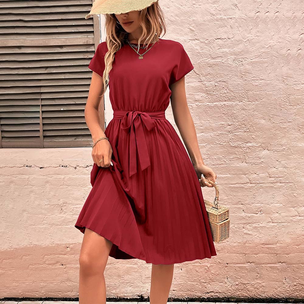 Women's Summer Solid Color Pleated Lace-Up Resort Dress