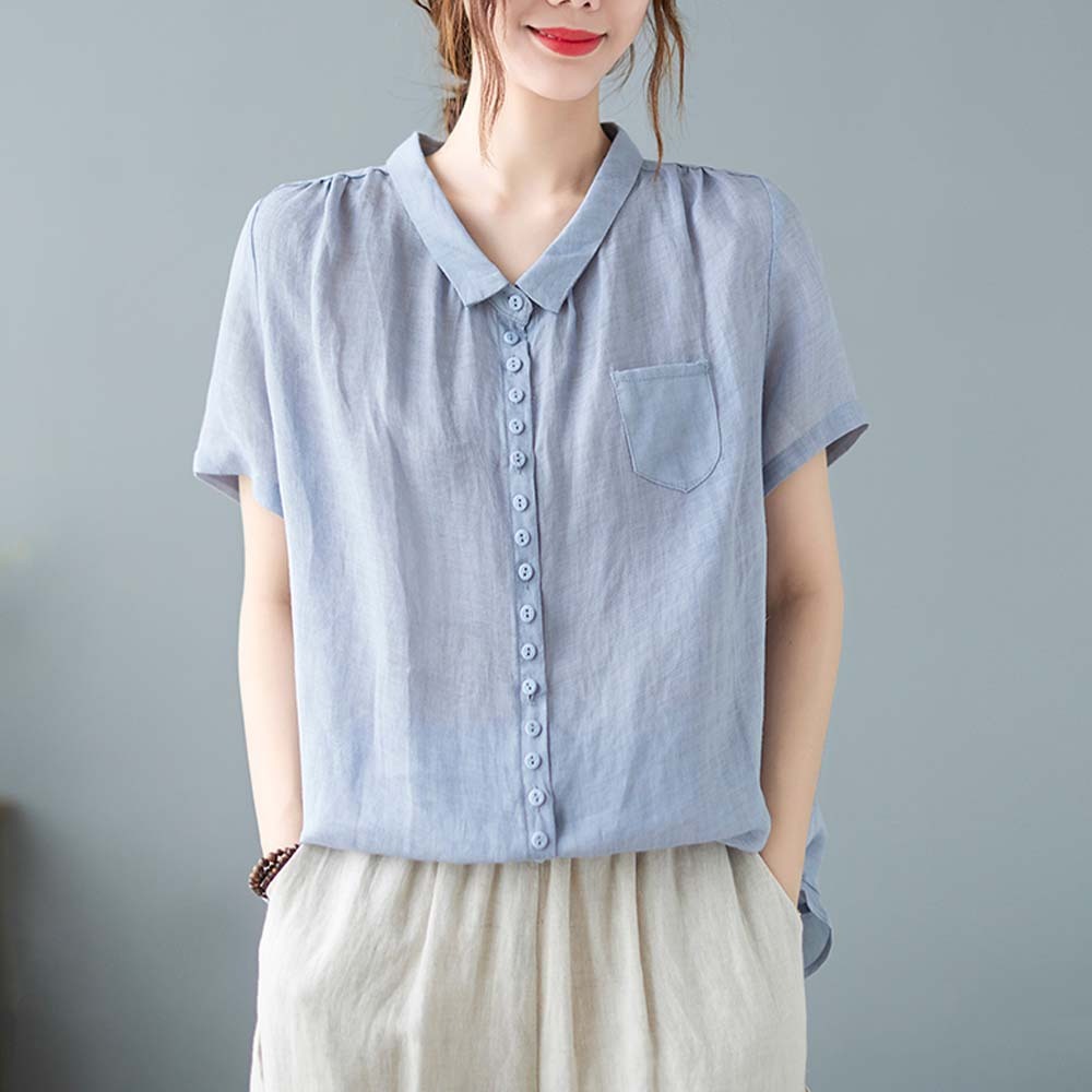 Women's loose large size cotton and linen short sleeve shirt