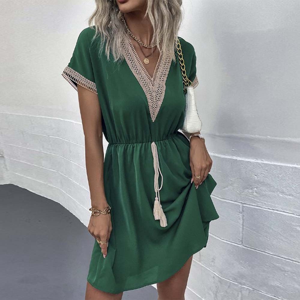 Vestido de cintura con cuello en V de moda de verano para mujer