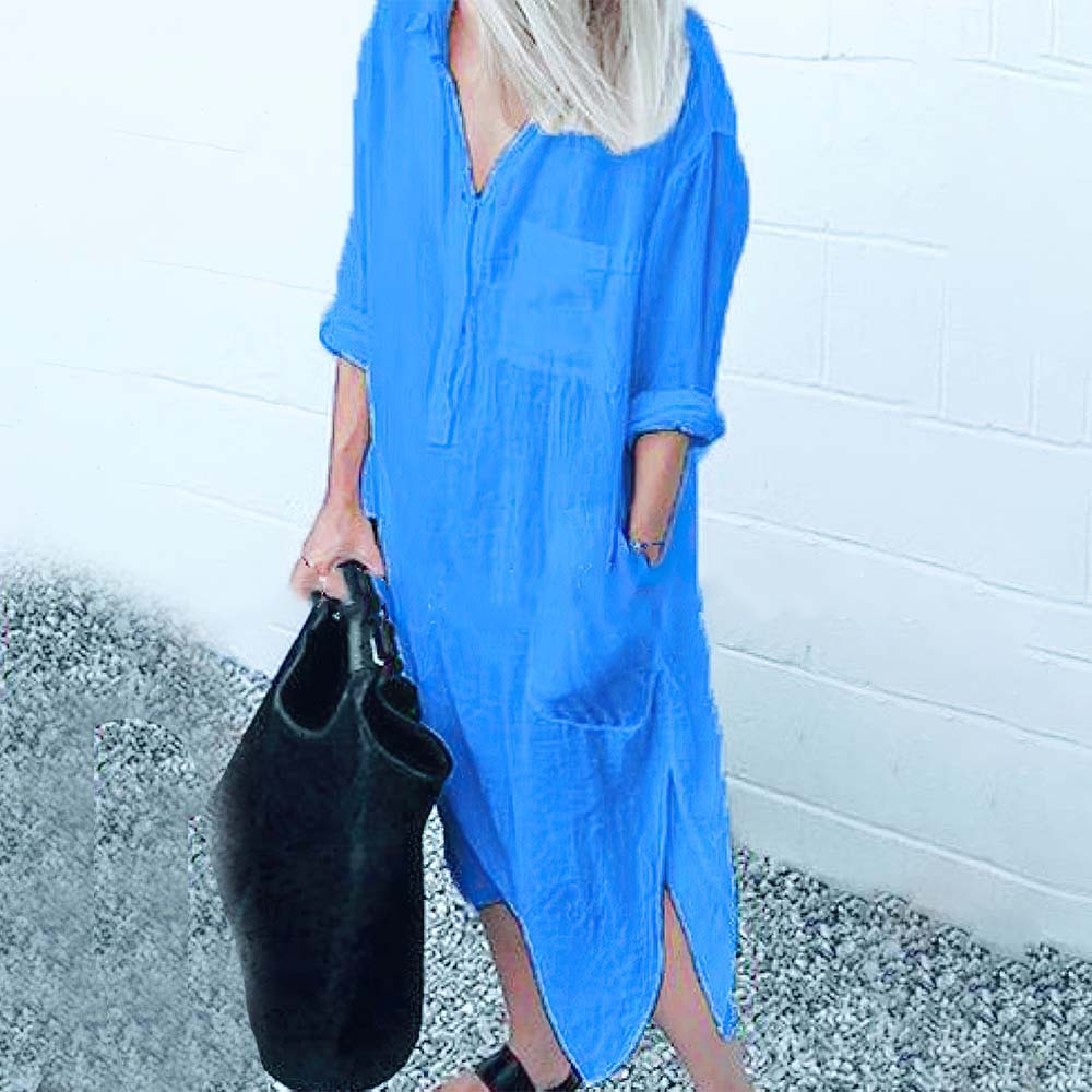 Women's elegant solid color slit pocket shirt dress