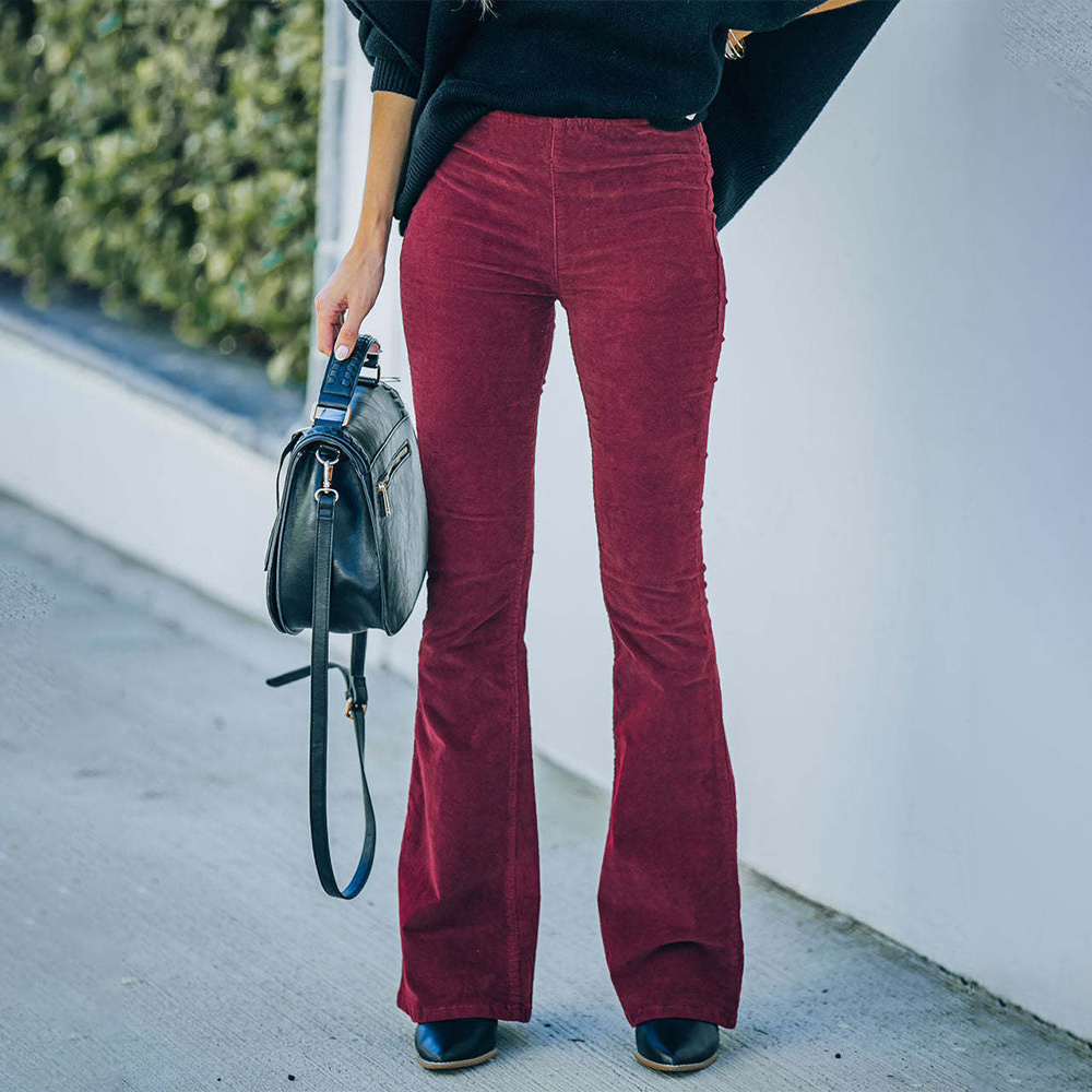 Women Solid Color Corduroy Slim Flare Pants