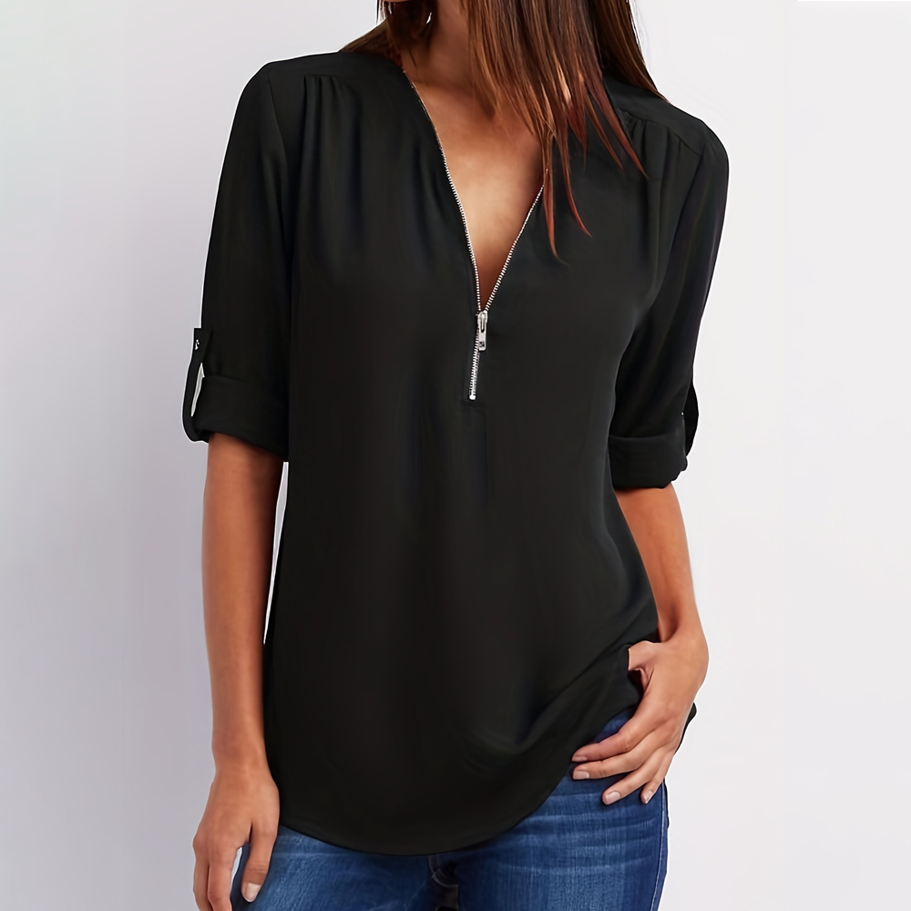 Women's Summer Fashion V Neck Zipper Chiffon Shirt