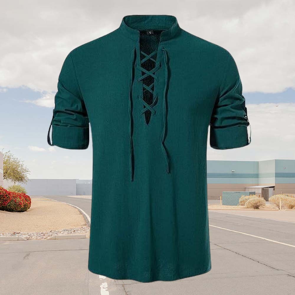 Spring Men's Cotton and Linen Stand Collar Long Sleeve Tie-Up Shirt