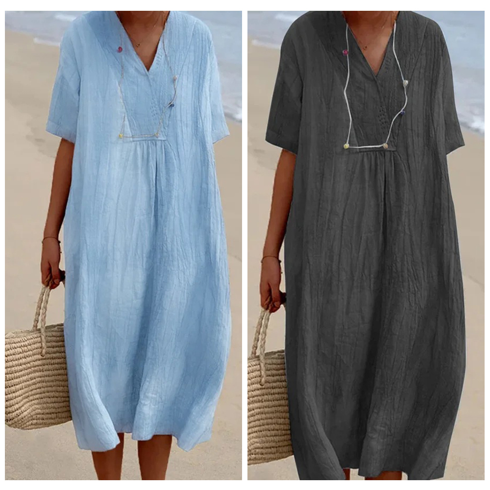 Soft and comfortable V-neck cotton and linen dress