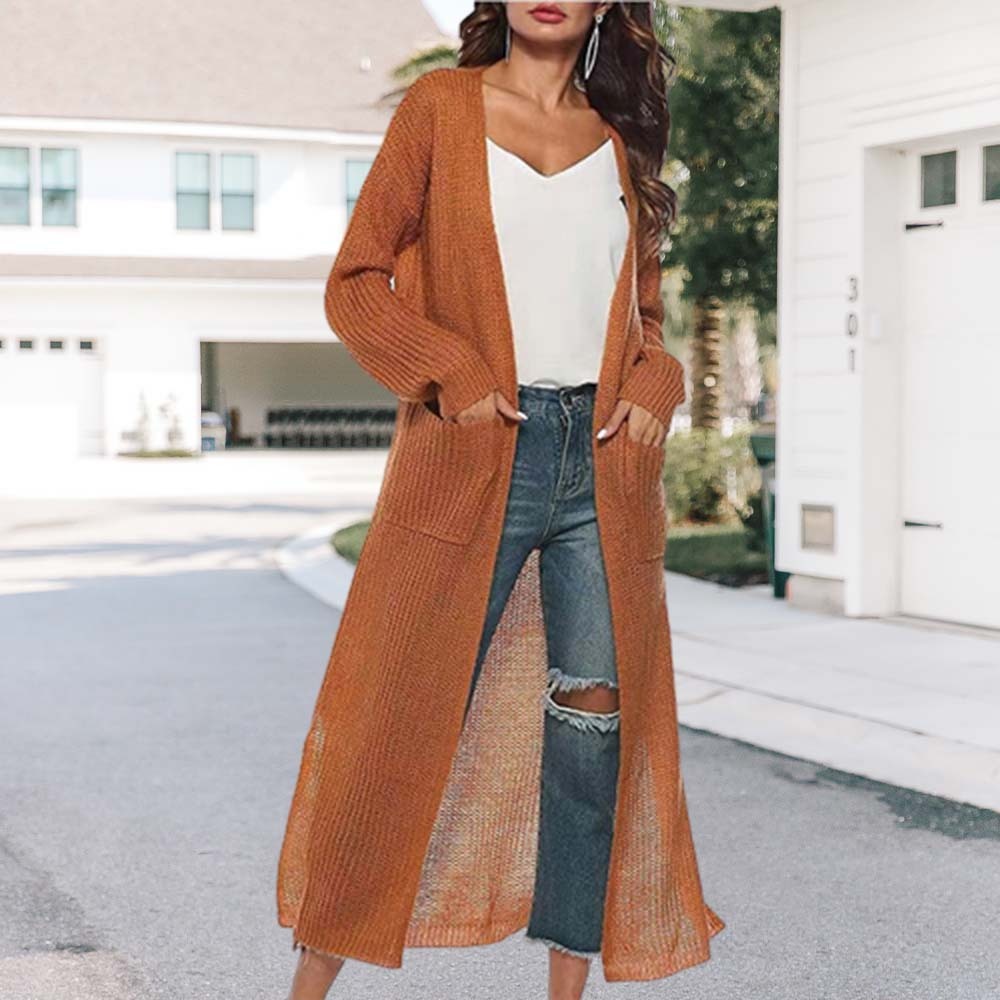 Olivoslindo Abrigo de mujer fino de punto con abertura larga y bolsillos grandes