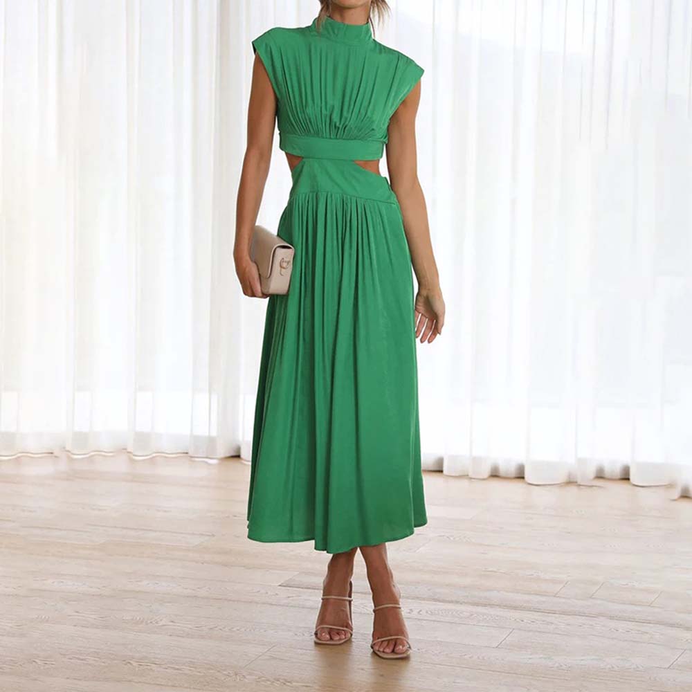 Stylish stand-up collar and exposed waist resort style dress
