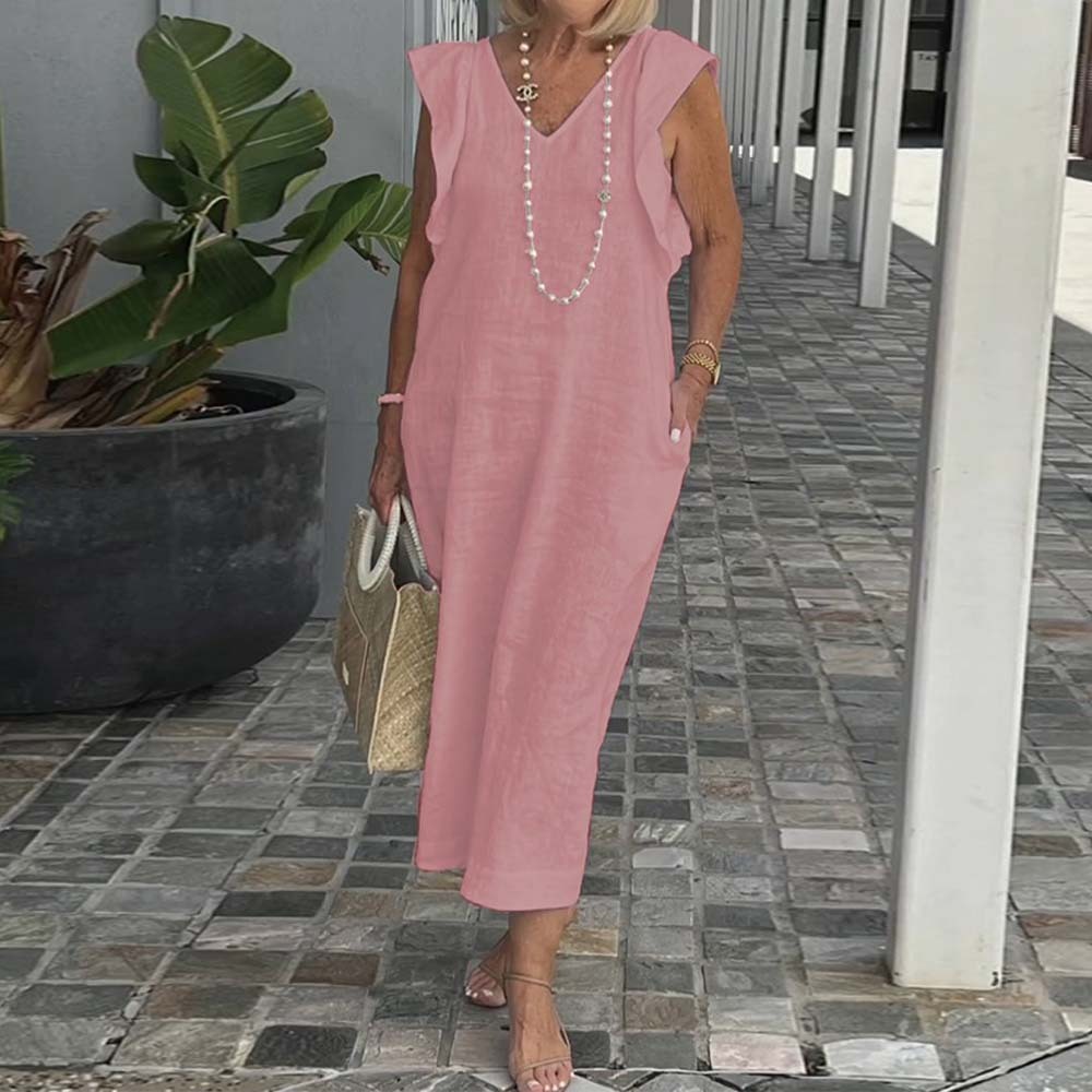 Elegante vestido de algodón y lino con cuello en V y color liso