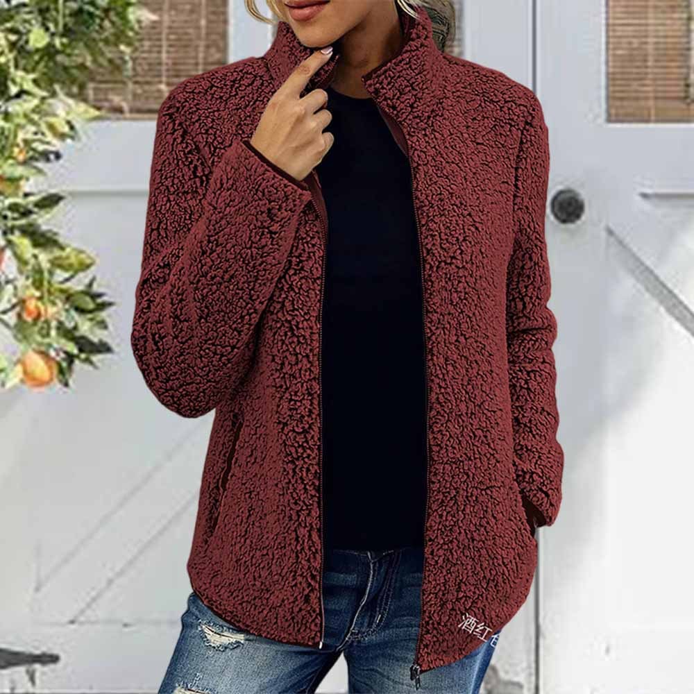 Olivoslindo Nueva chaqueta polar de color liso para mujer con cuello alto, mangas largas y cremallera