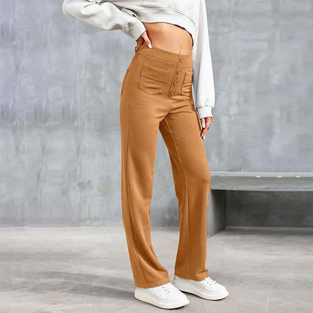 Pantalones casuales elásticos con botones de cintura alta para mujer