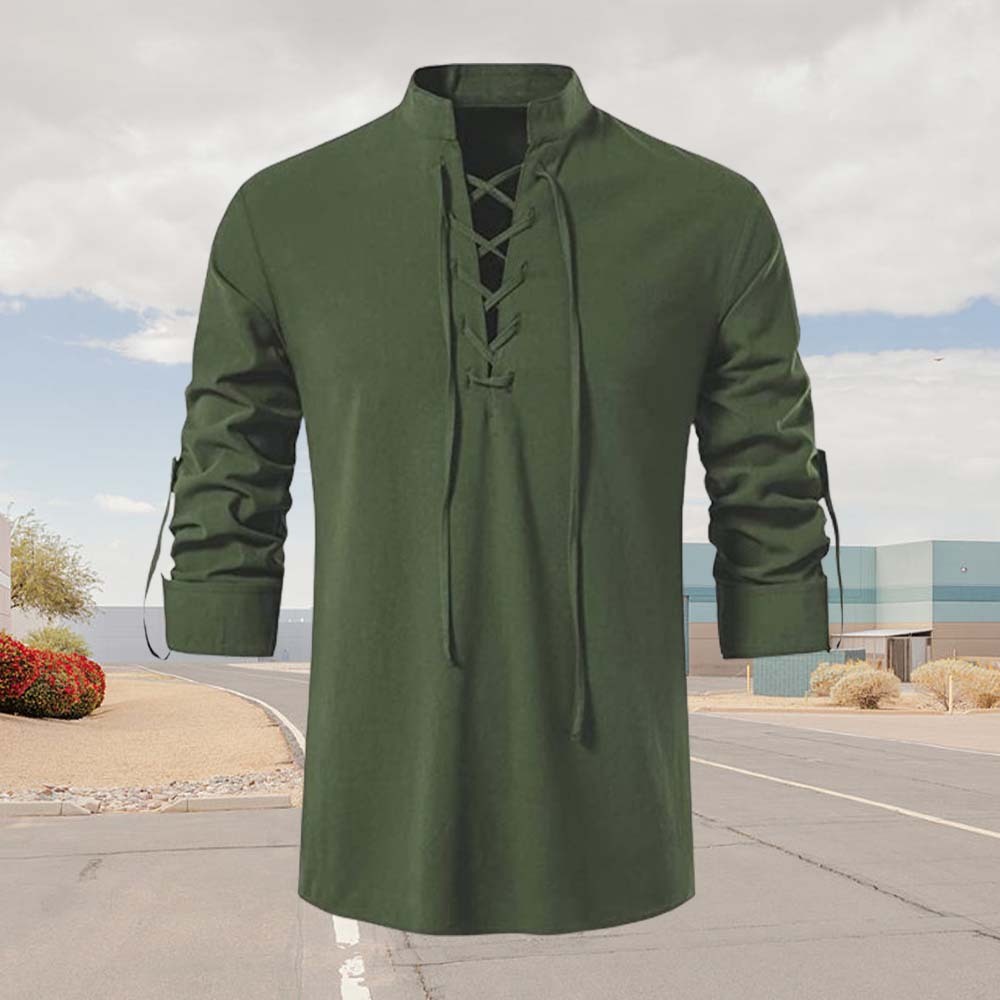 Spring Men's Cotton and Linen Stand Collar Long Sleeve Tie-Up Shirt