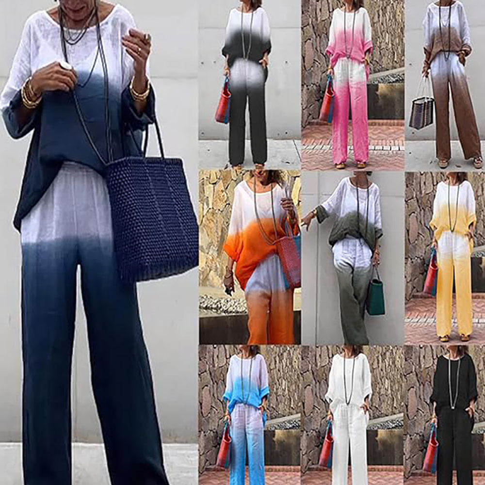 Conjunto de dos piezas degradado de algodón y lino para mujer a la moda