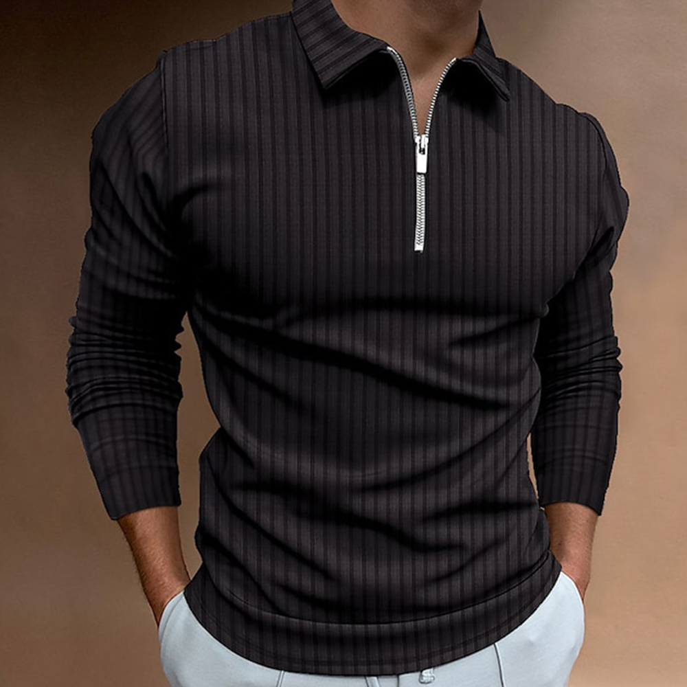 Olivoslindo Polo de manga larga a rayas vintage con cremallera de moda para hombre de primavera