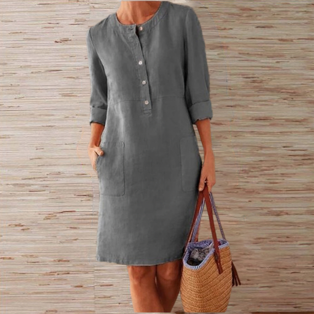 Olivoslindo Nuevo vestido monocolor de algodón y lino