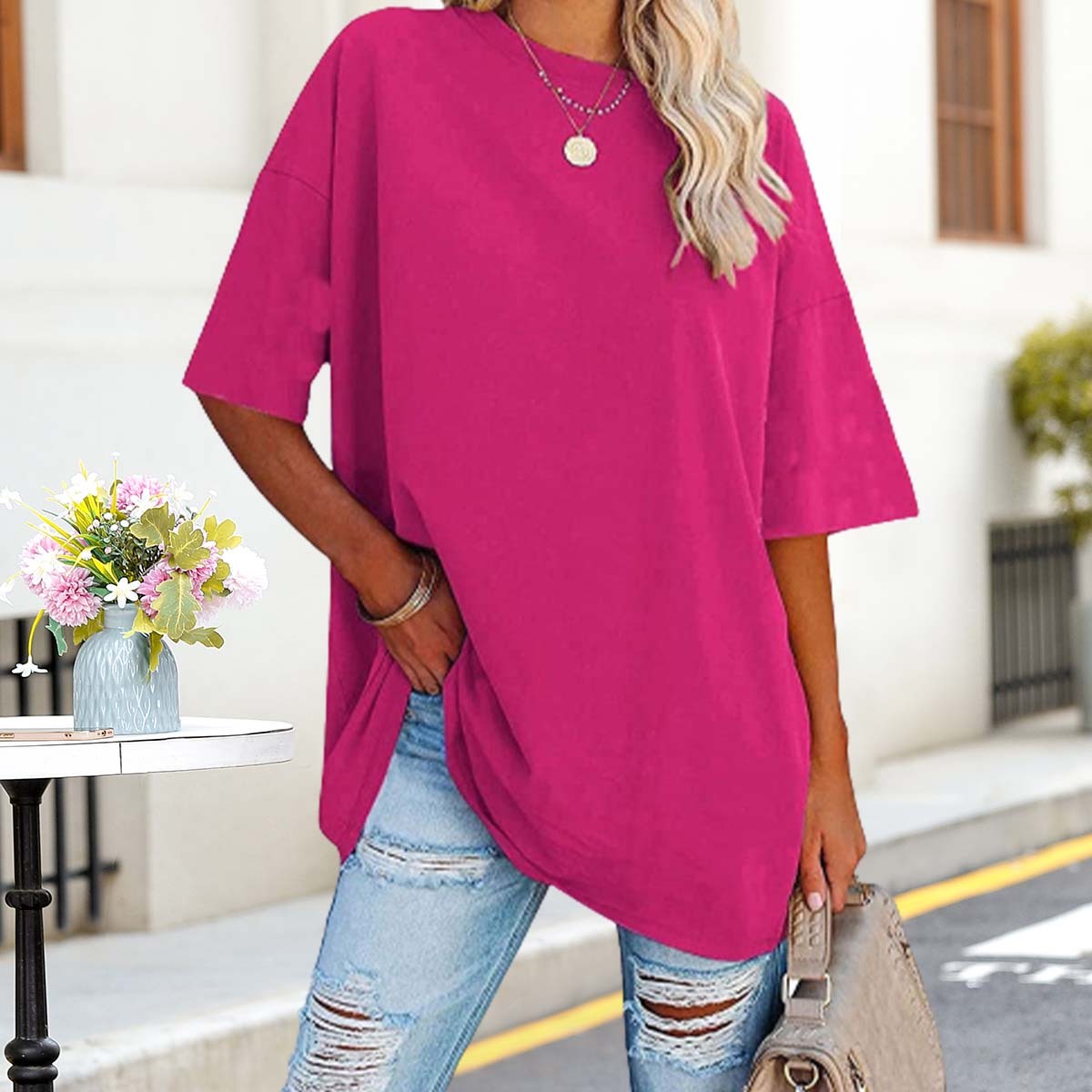 Olivoslindo Sommer Casual Damen Einfarbig Tropfen Schulter Ärmel Rundhals Lose T-Shirt