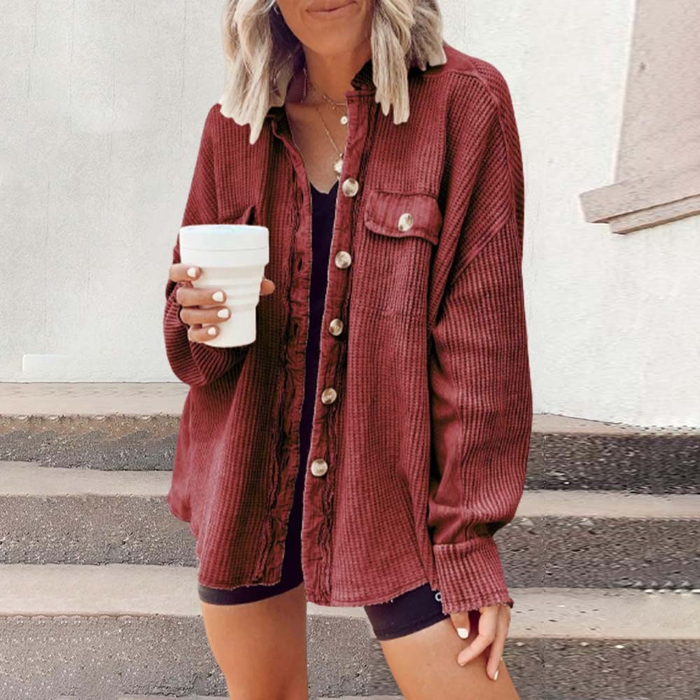 Olivoslindo Chaqueta de camisa irregular de costura de bolsillo de solapa casual de otoño para mujer