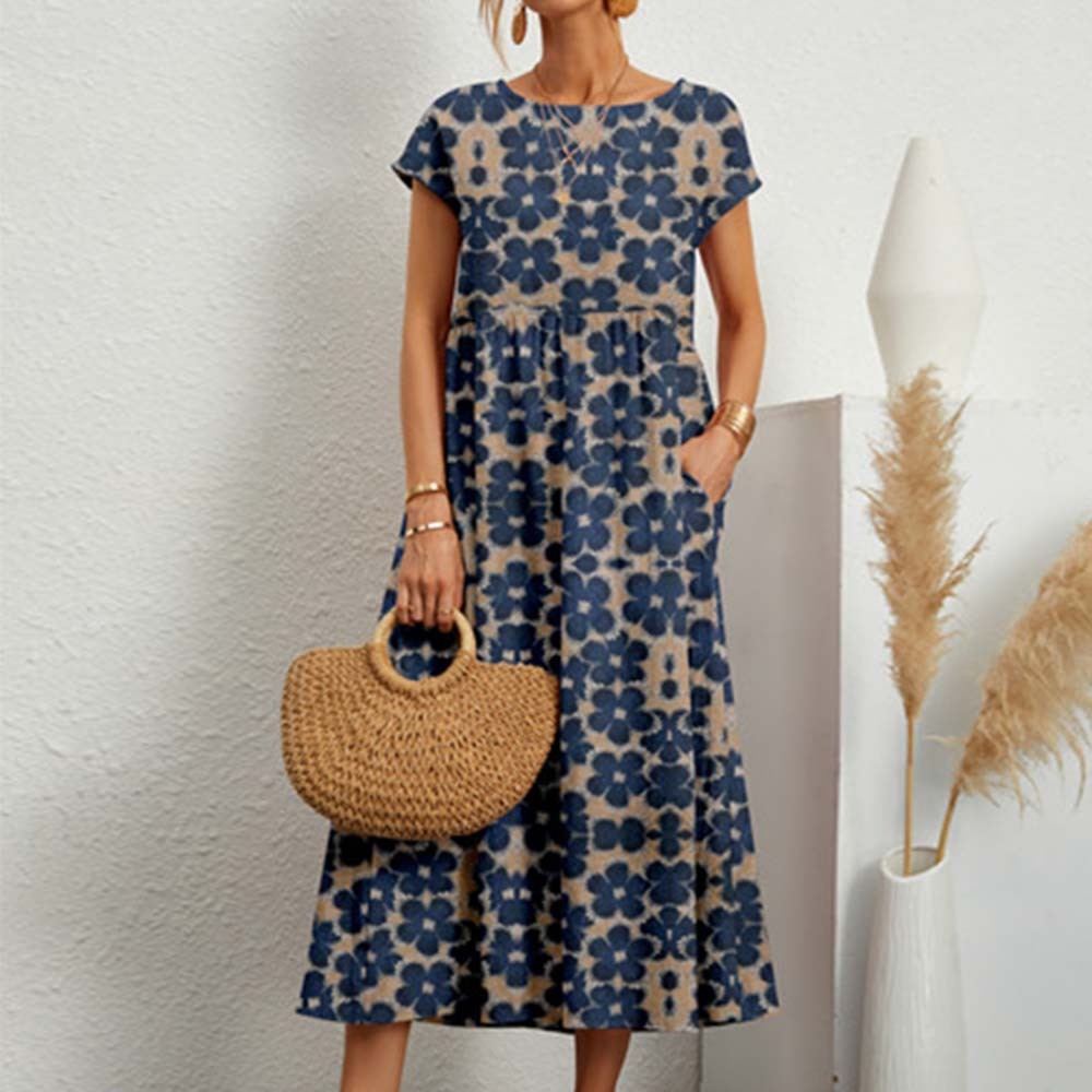 New Loose Cotton Linen Short Sleeve Round Neck Printed Dress