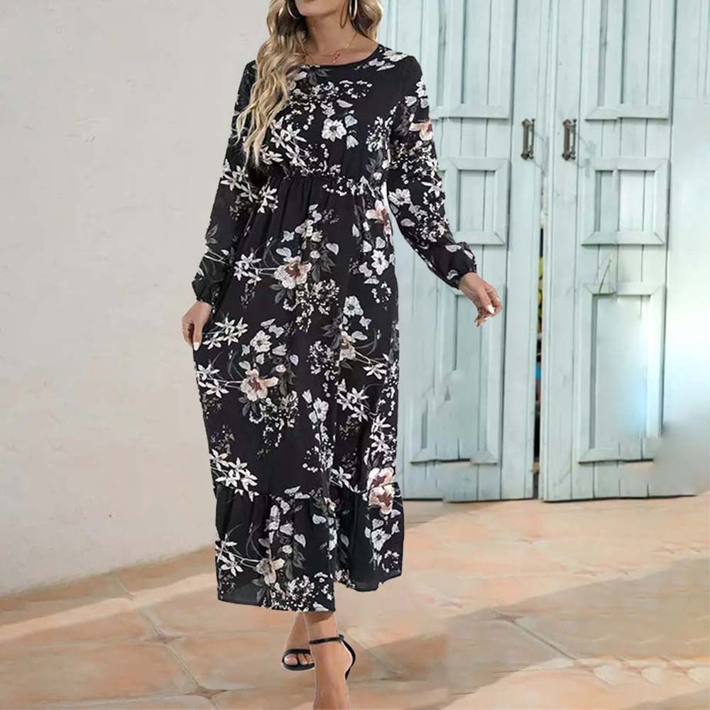 Women's Bohemian Ruffle Print Long Sleeve Dress