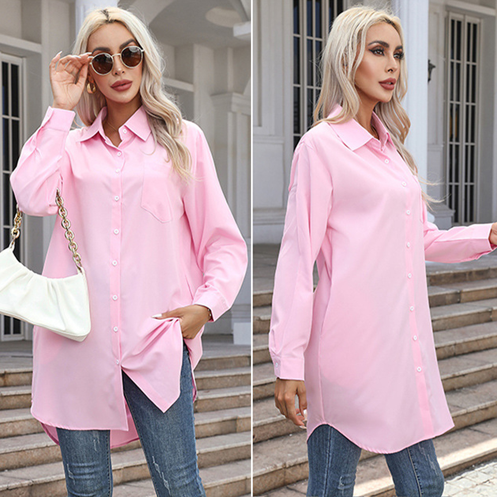 Fashionable long solid color casual long-sleeved shirt for women