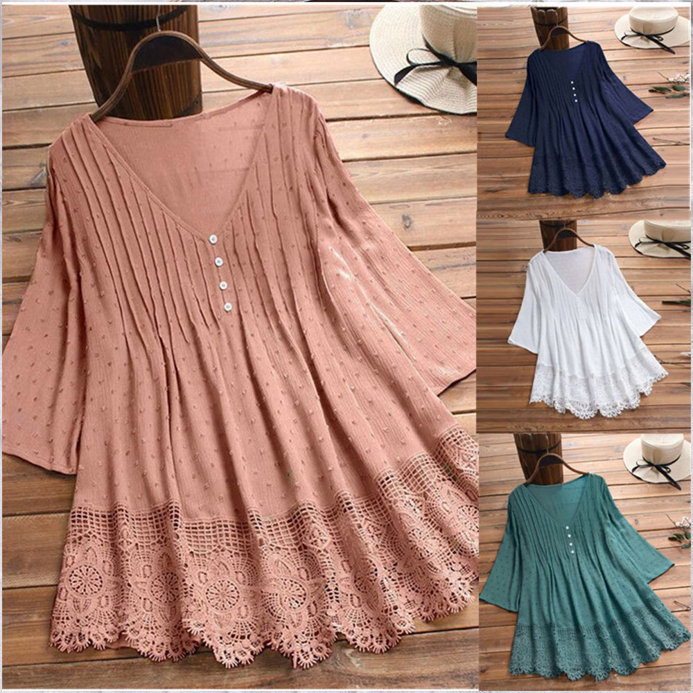 Summer ladies temperament lace V-neck hollow short-sleeved shirt