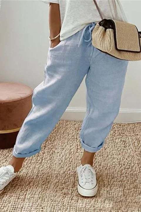 🔥Pantalones con bolsillo diagonal en la cintura con cordón de color liso