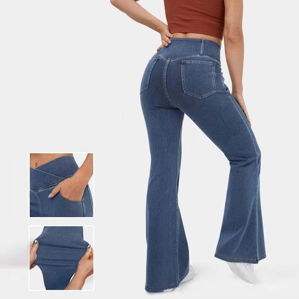 Women's Stretch Denim High Waist Crossover Flare Pants