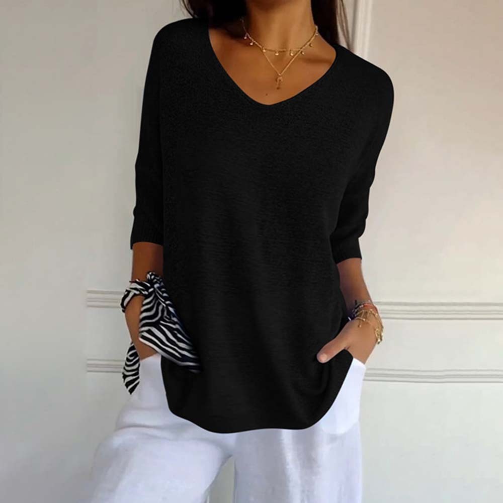 Top de punto de color liso con cuello en V para mujer