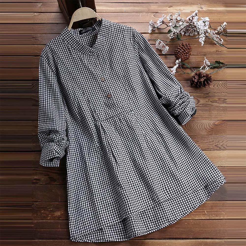 Spring women's fashionable V-neck plaid long-sleeved shirt
