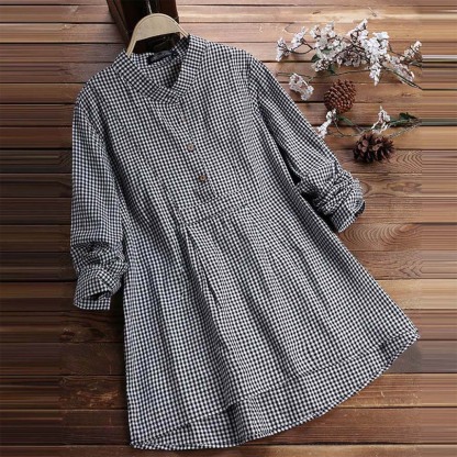 Spring women's fashionable V-neck plaid long-sleeved shirt