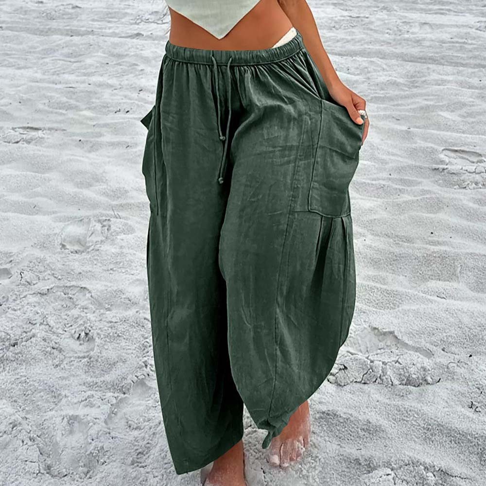 Pantalones casuales de algodón y lino con pierna ancha y cintura alta