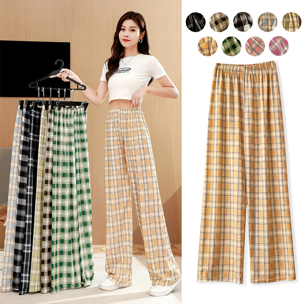 Women's casual plaid high waist wide leg pants