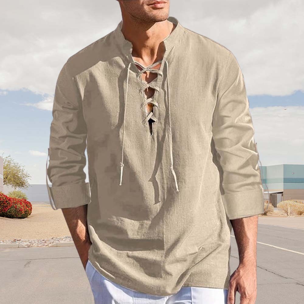 Spring Men's Cotton and Linen Stand Collar Long Sleeve Tie-Up Shirt