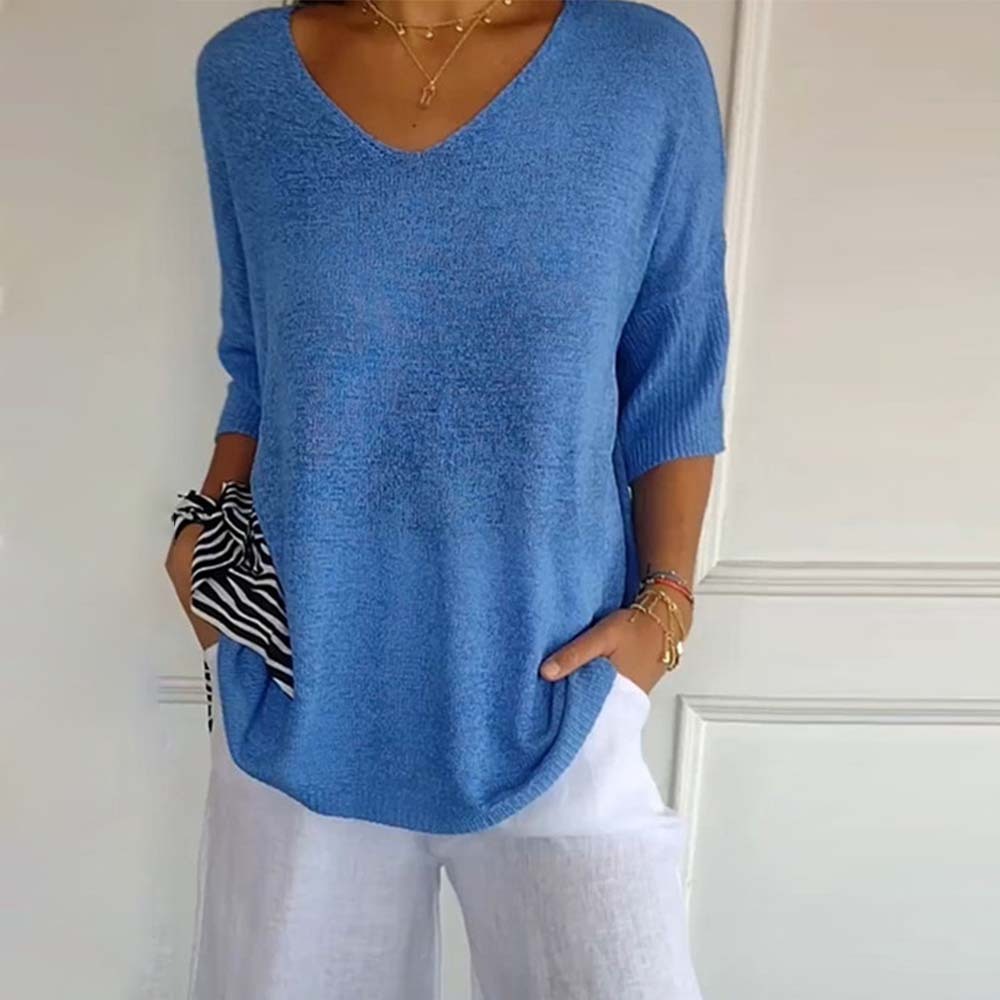 Top de punto de color liso con cuello en V para mujer