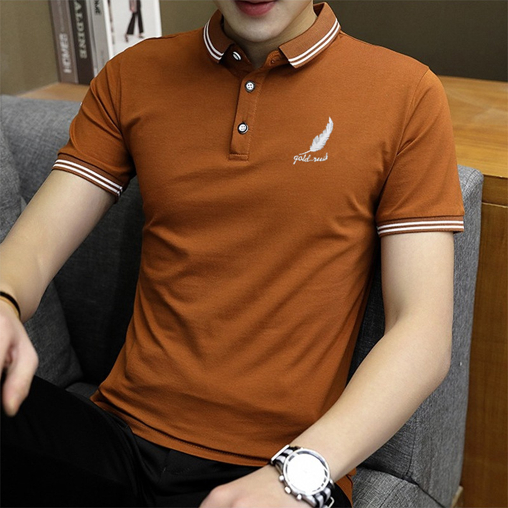 Summer Men's Feather Print Business Short Sleeve Polo Shirt