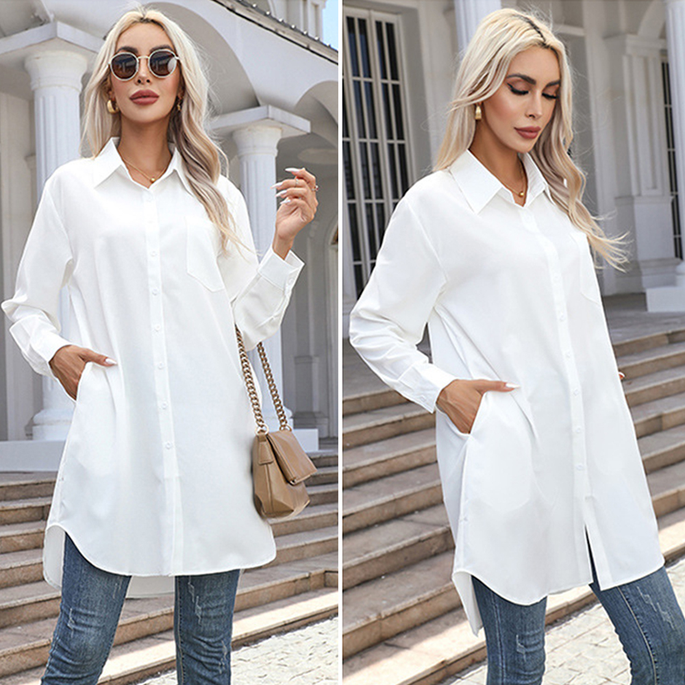 Fashionable long solid color casual long-sleeved shirt for women