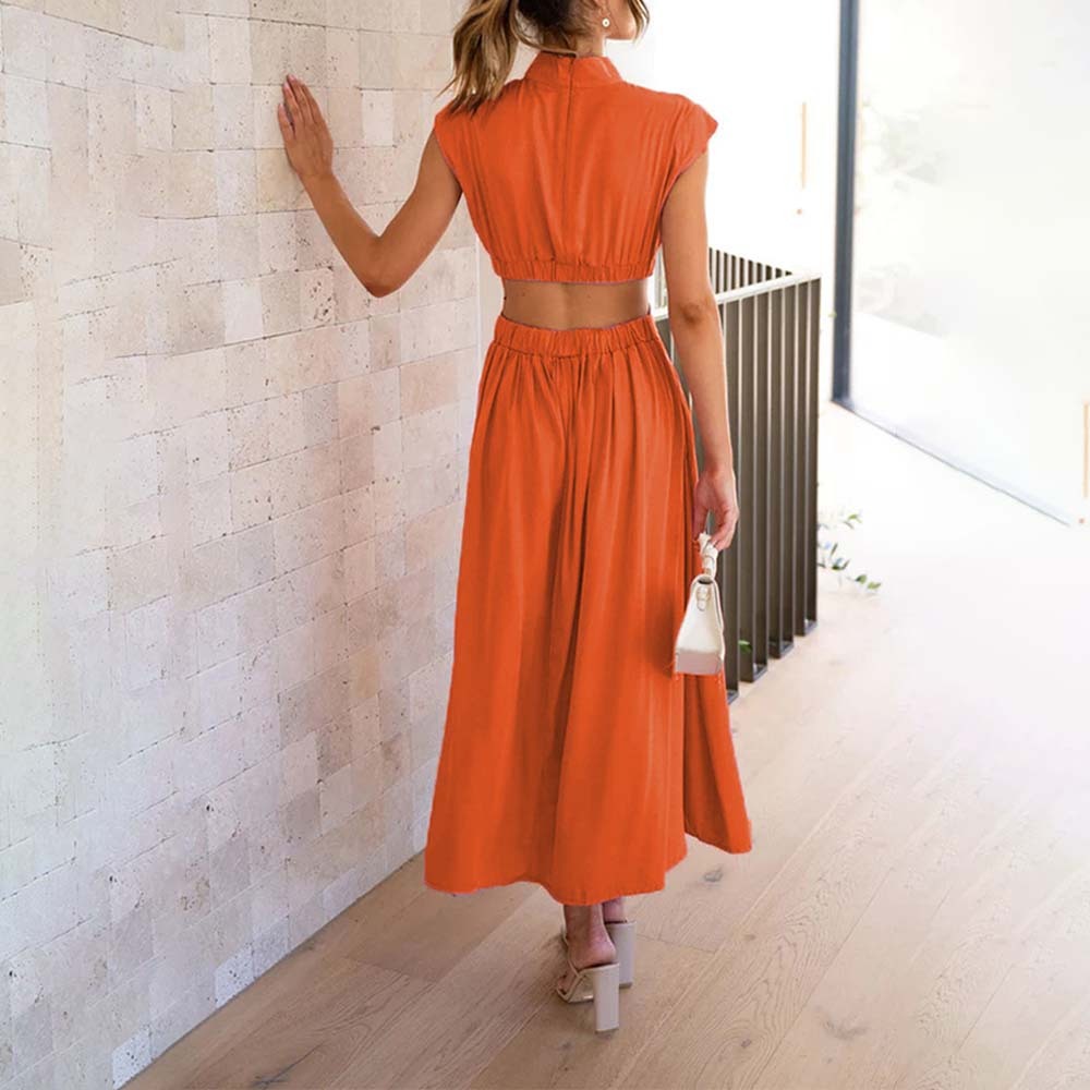 Stylish stand-up collar and exposed waist resort style dress