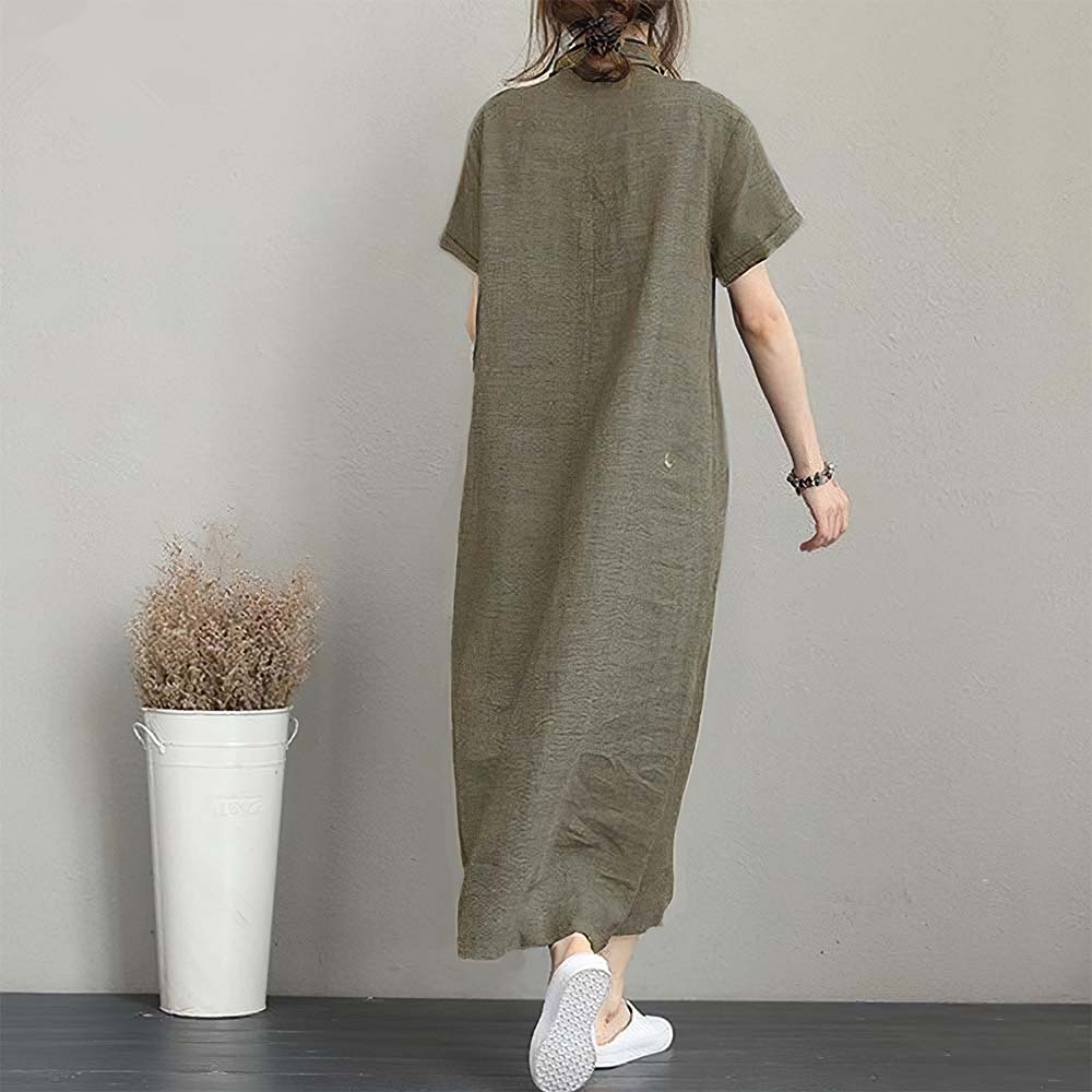 Women's Casual Polo Neck Cotton and Linen Short Sleeve Dress