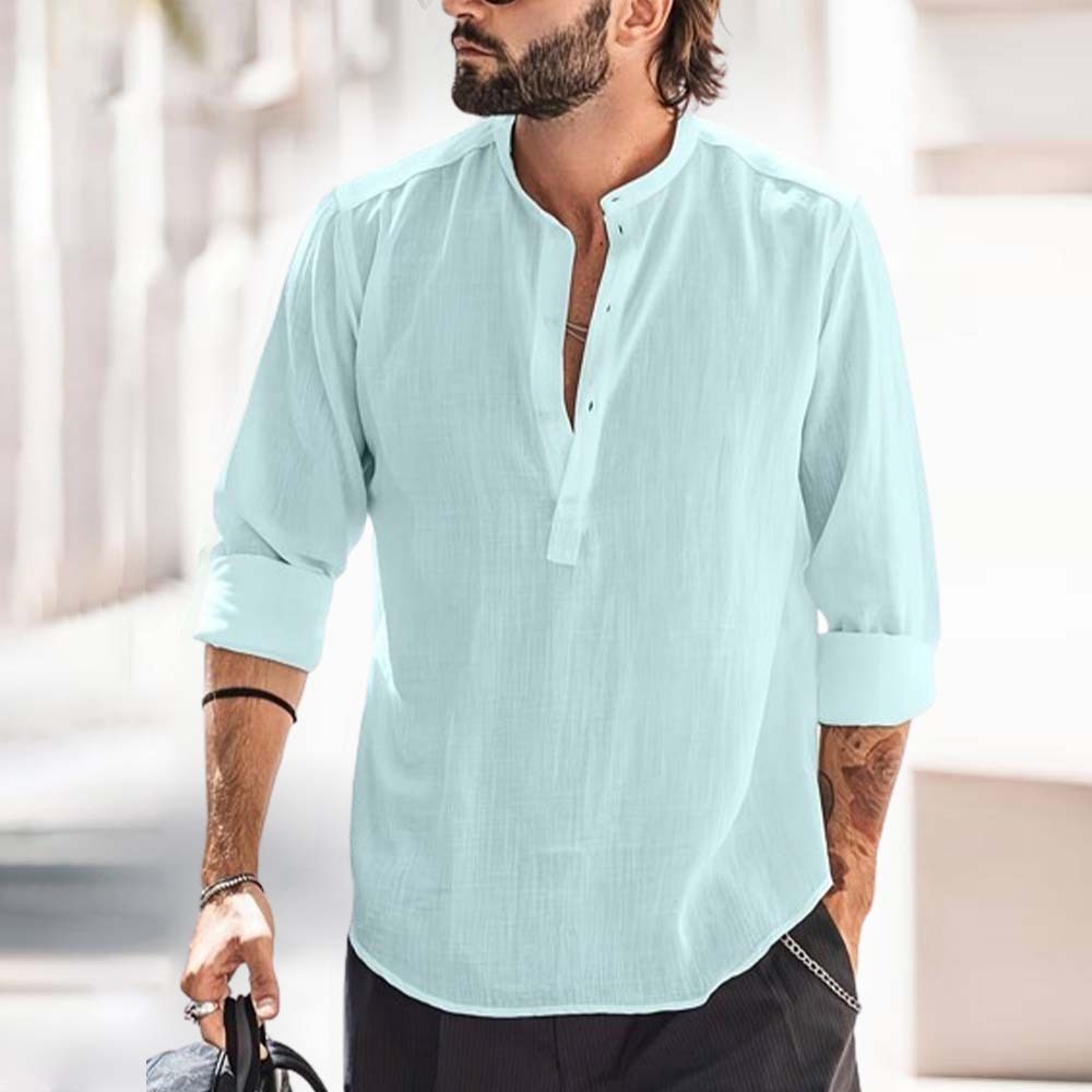 Men's Classic Cotton Half Open Collar Long Sleeve Top Henley